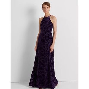 Ralph Lauren halter top floral velvet burnout design gown dress